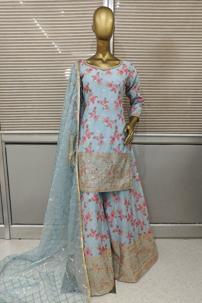 Floral printed sharara made in pure silk