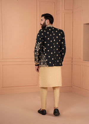 Dress Designers Self Black And Golden Prince Coat