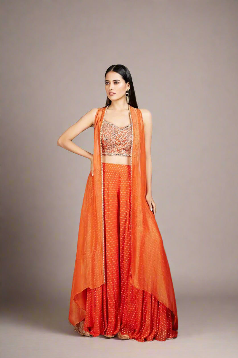 Vibrant orange Indo-western set with mirror work