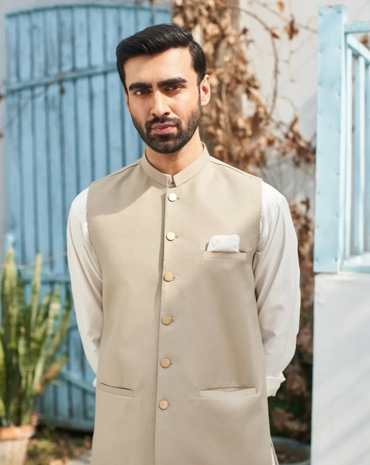 Off White Kurta Trouser with Beige Suiting Waistcoat - Round Cut - Men