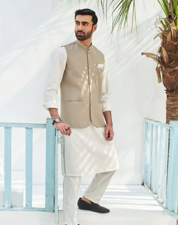 Off White Kurta Trouser with Beige Suiting Waistcoat - Round Cut - Men