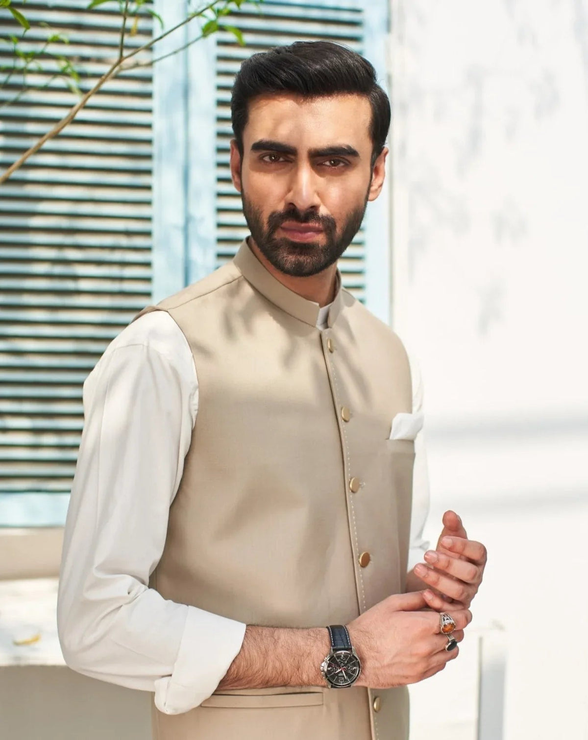 Off White Kurta Trouser with Beige Suiting Waistcoat - Round Cut - Men