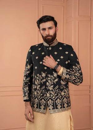Dress Designers Self Black And Golden Prince Coat
