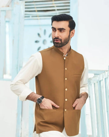 Camel Suiting Waistcoat - Round Cut - Men