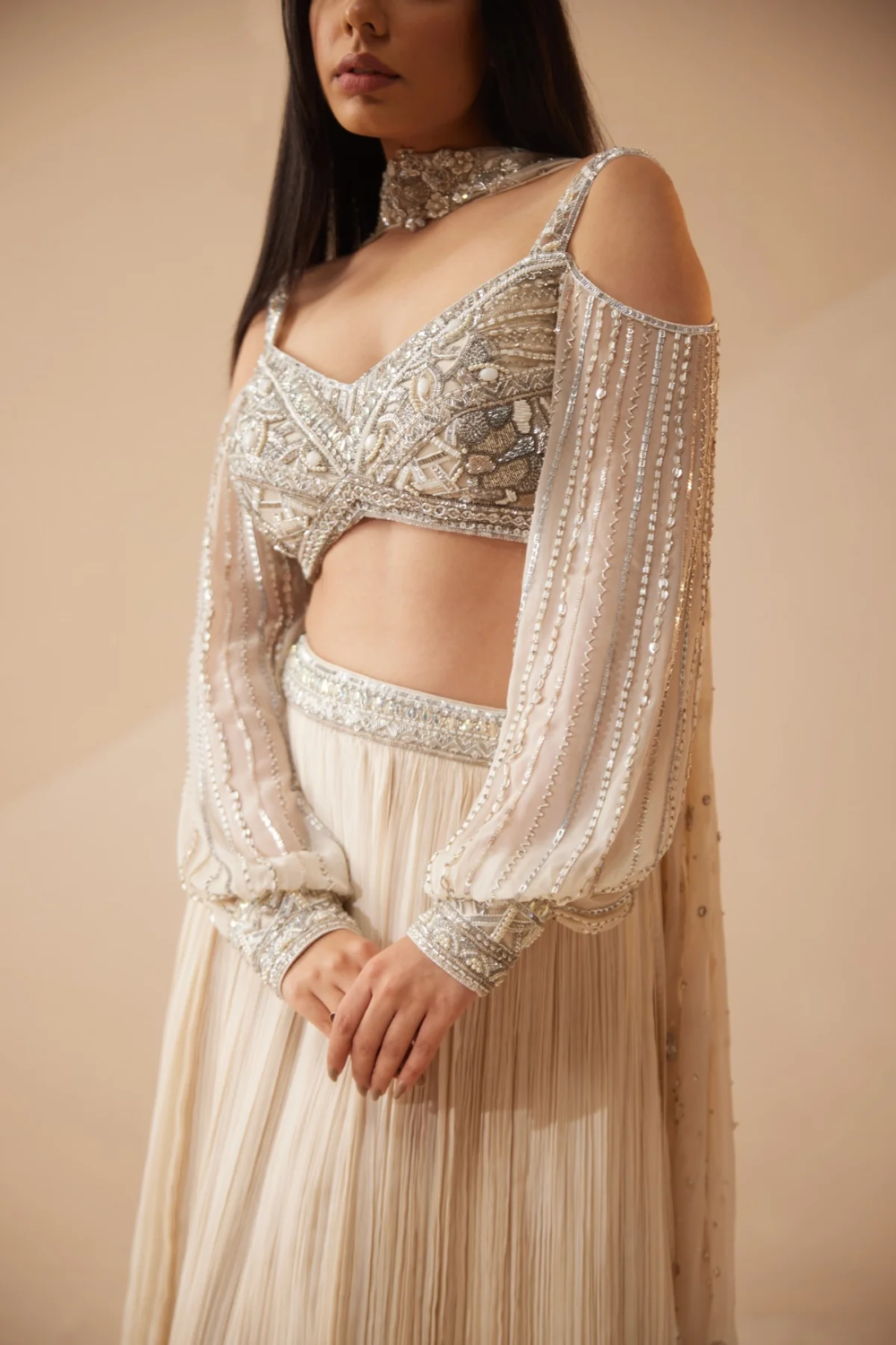 Full sleeves Ivory lehenga with sequins and cutdana work Secondary image