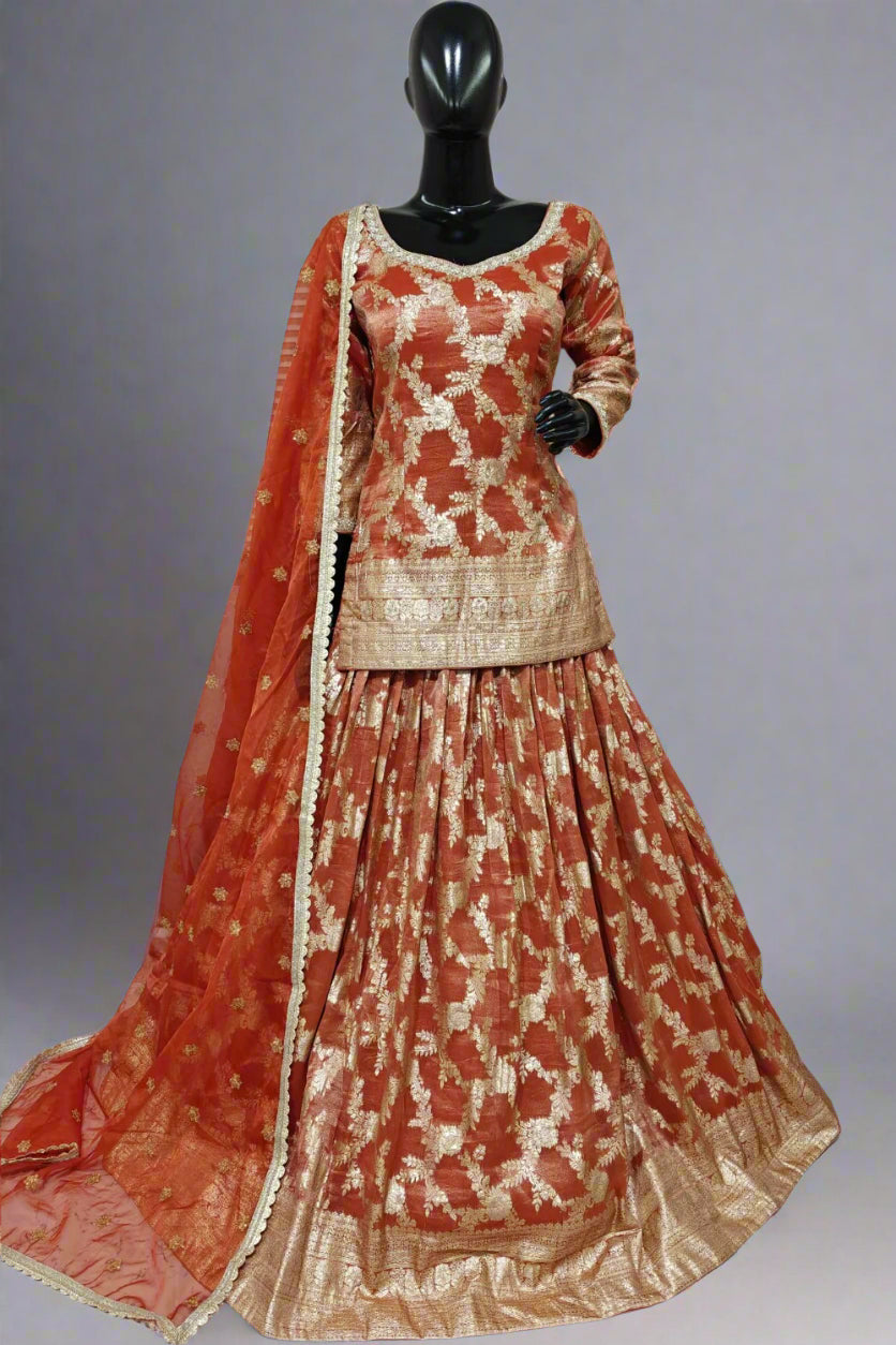 Classy Banarasi lehenga with long top