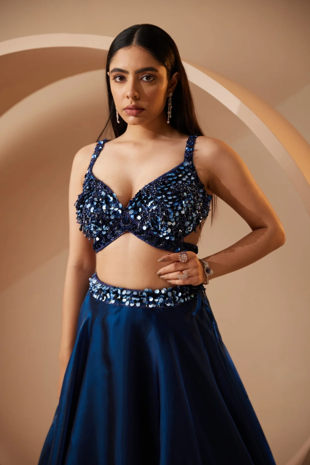 Electric blue lehenga with sequins and pearl detailing Secondary image