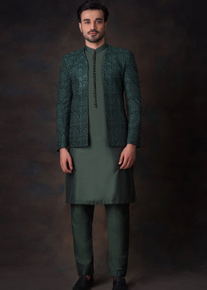 House Of Arsalan Iqbal Emerald Green Front open Prince Jacket.