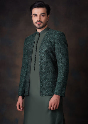 House Of Arsalan Iqbal Emerald Green Front open Prince Jacket.