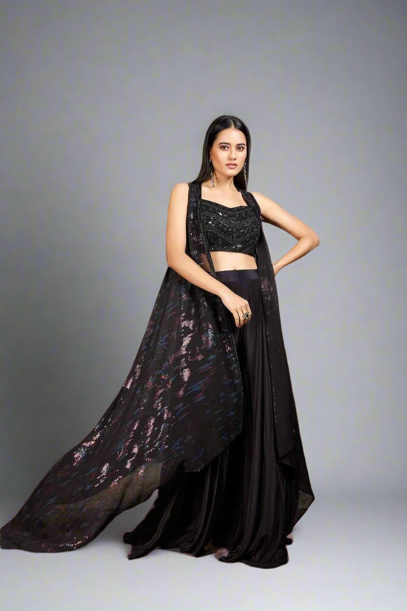 Bold black Indo-western outfit with shimmering jacket