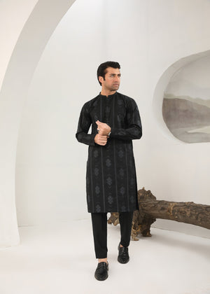 Muraqsh Black Motif Embroidered Cotton Kurta Trouser - Men