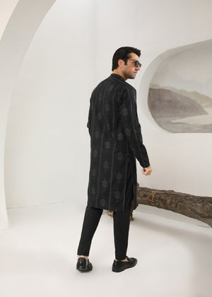 Muraqsh Black Motif Embroidered Cotton Kurta Trouser - Men