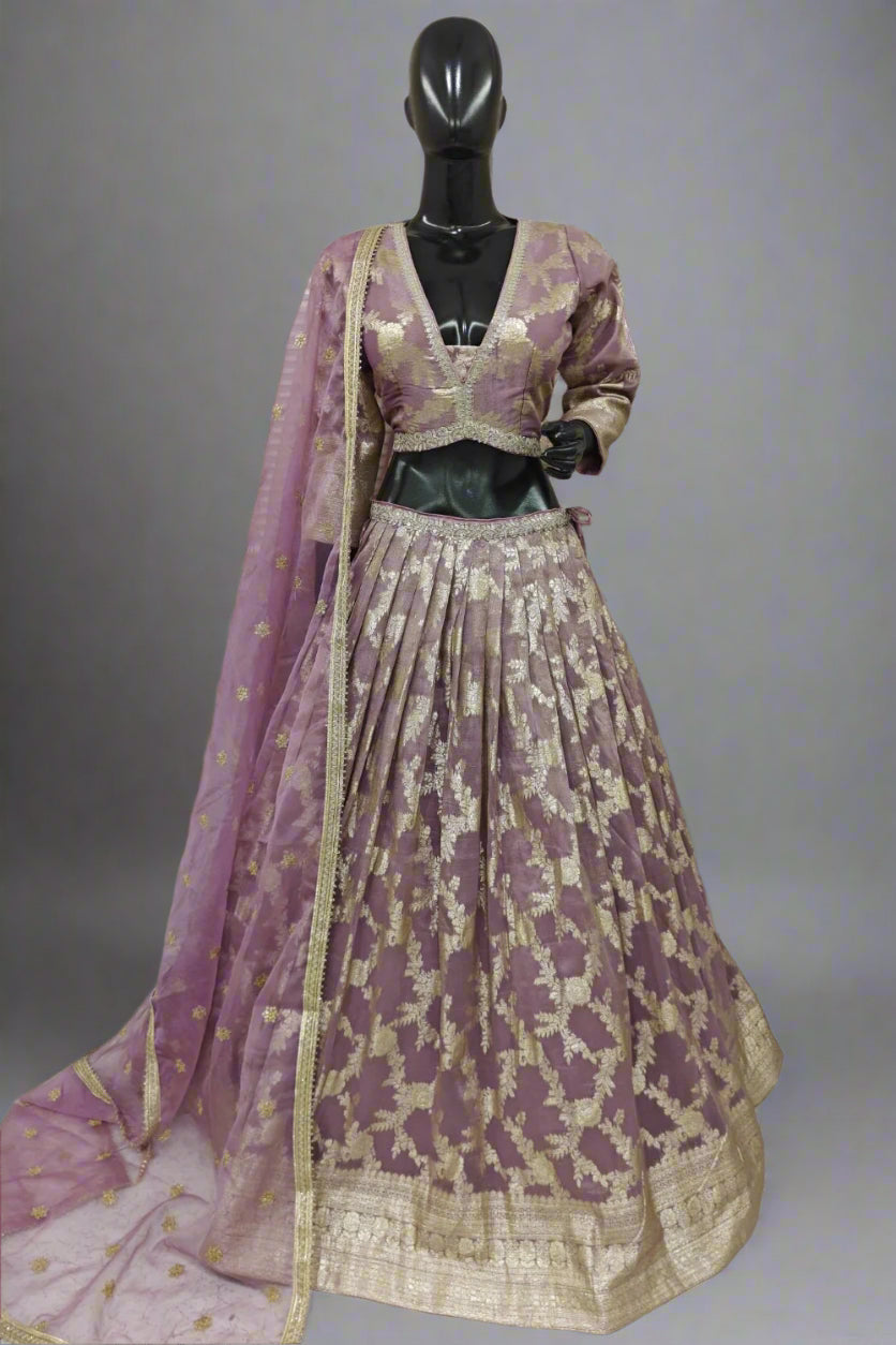 Mesmerising lilac Banarasi lehenga in soft organza fabric Main image