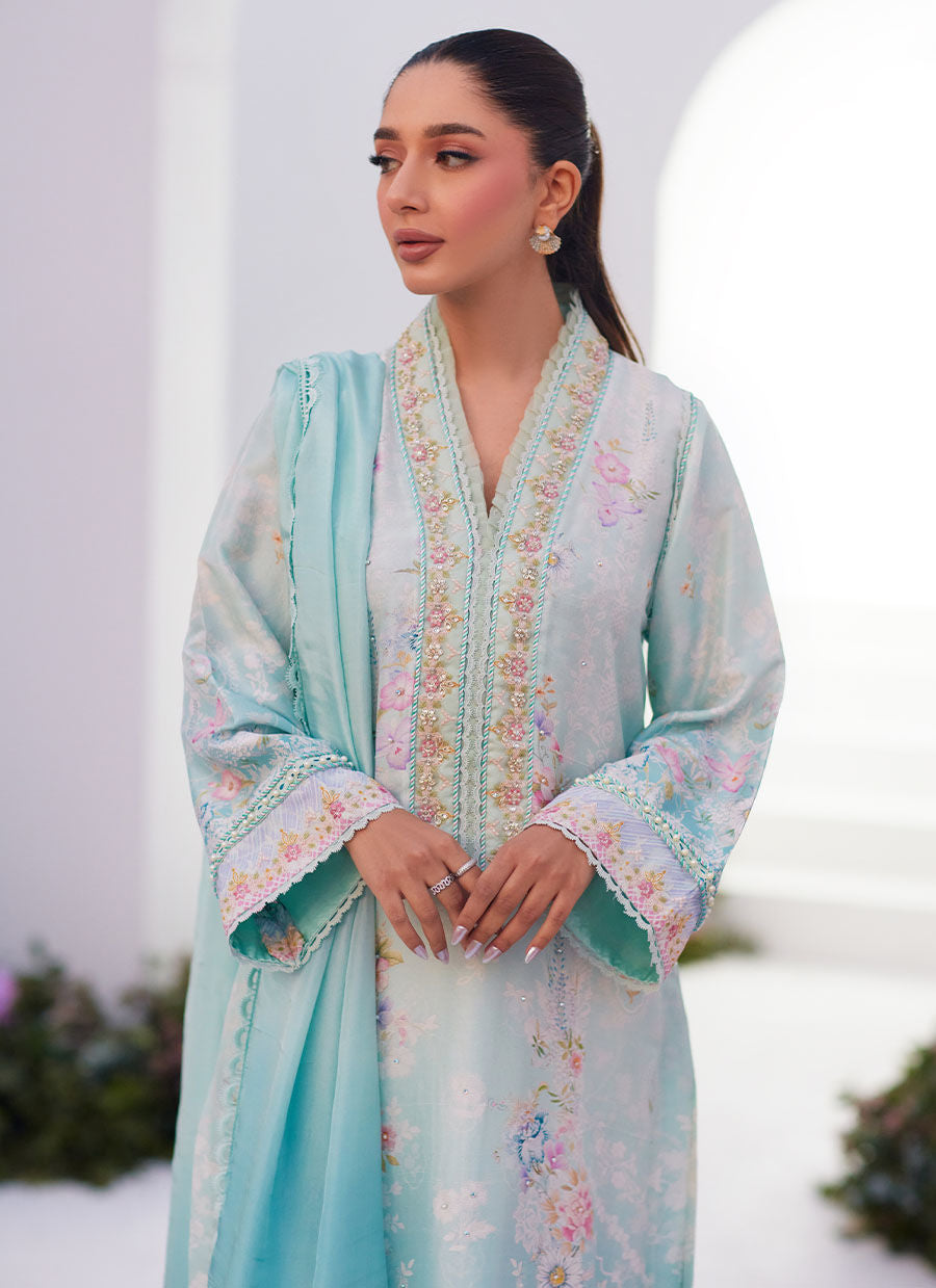 Farah Talib Aziz | Zaza Prints 24 | CYAN OMBRE SHIRT AND DUPATTA
