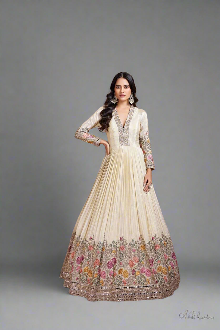 Ivory Anarkali gown with multicolor floral embroidery Main image
