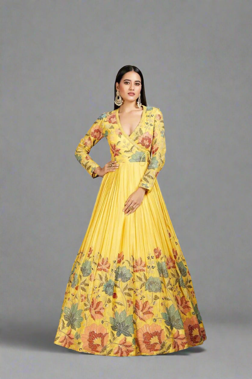 Yellow anarkali adorned with multi color thread work Main image