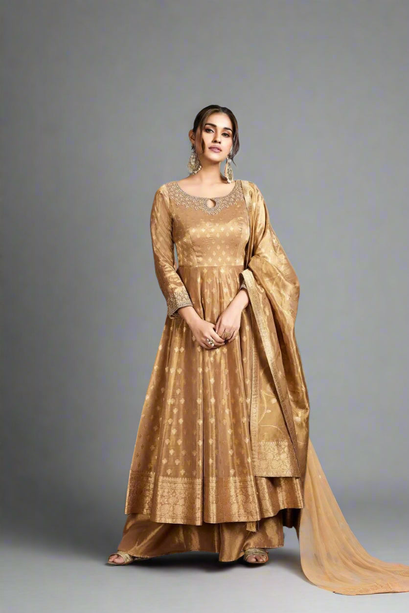 Gracefully crafted golden Anarkali set with delicate detailing Main image