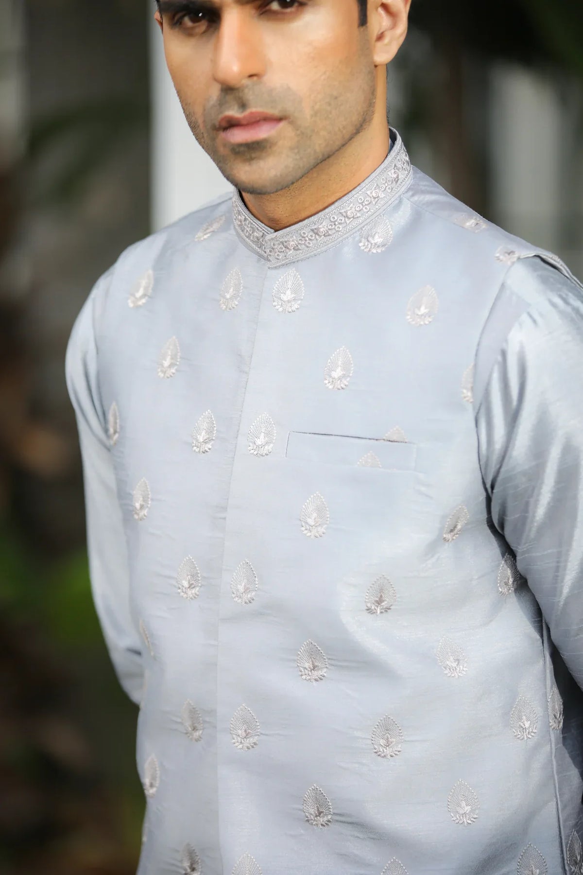 Bluish Grey Embroidered Prince Coat - Men