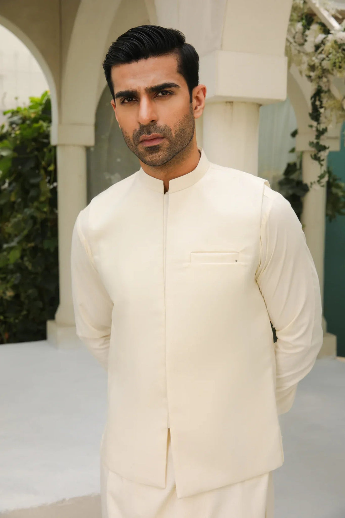 Bosky White Kameez Shalwar with Blended Waistcoat - Men