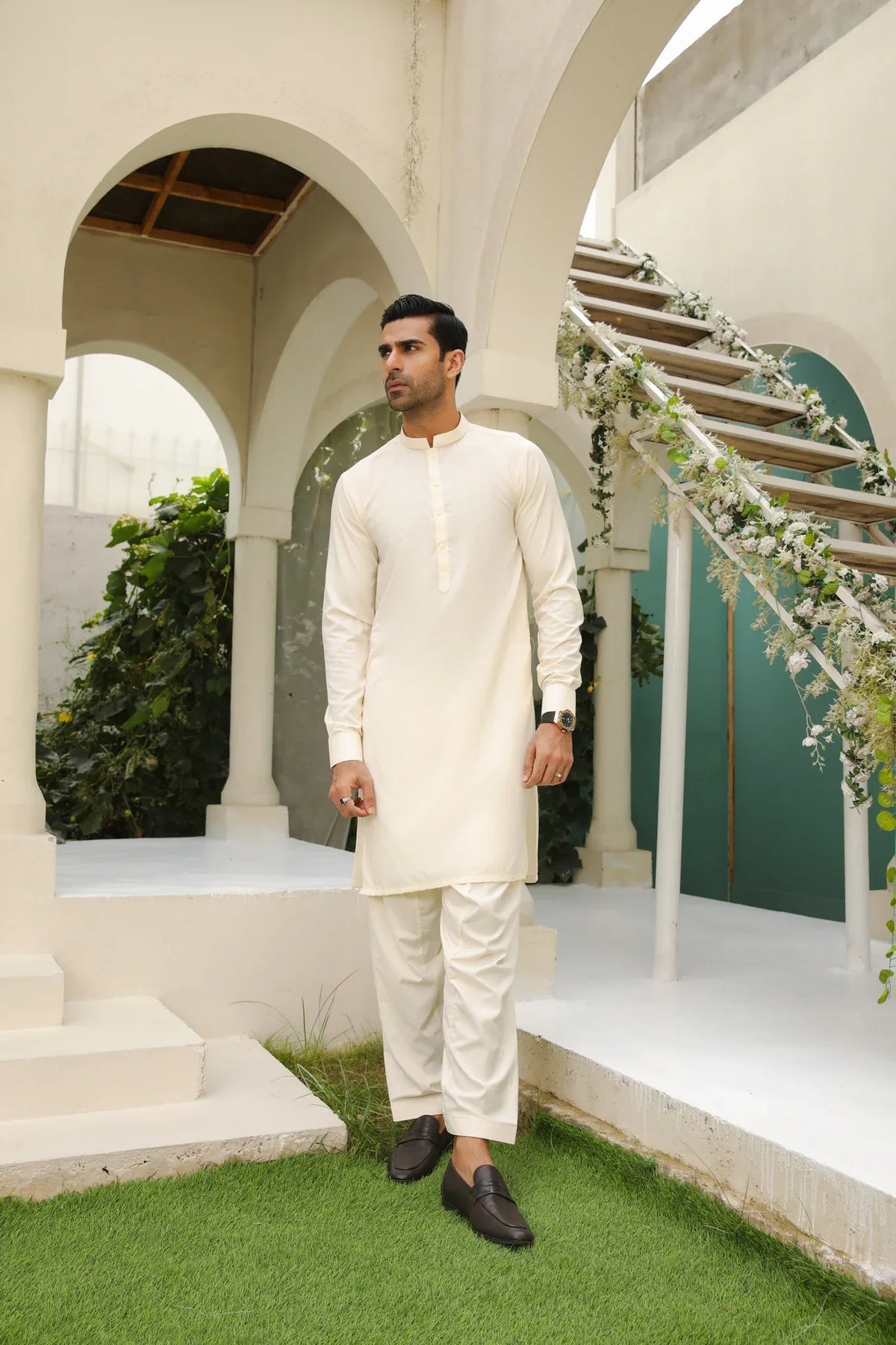 Bosky White Kameez Shalwar with Blended Waistcoat - Men