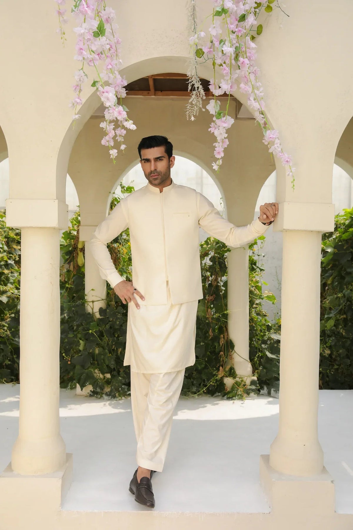 Bosky White Kameez Shalwar with Blended Waistcoat - Men