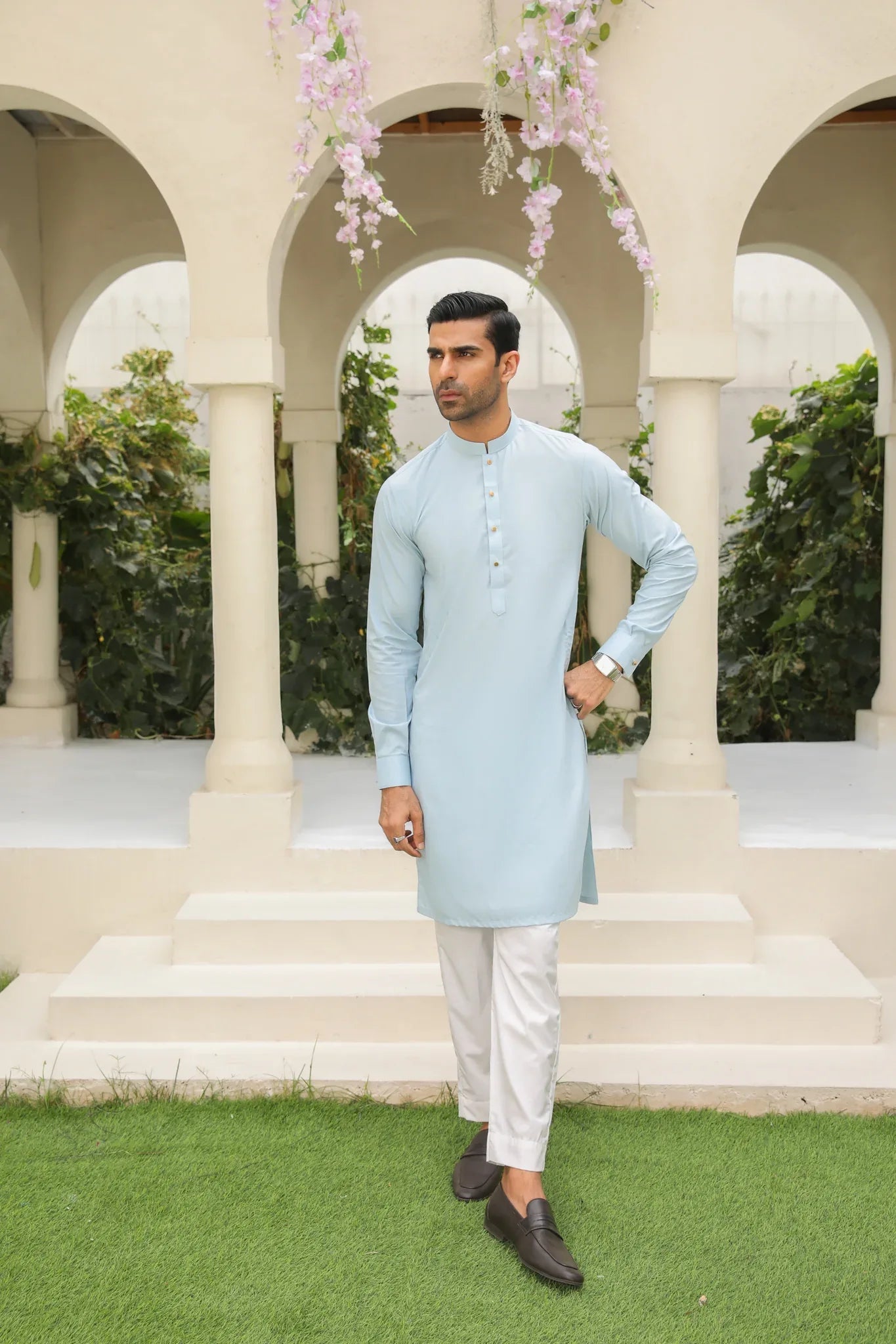 Sky Blue Kurta with White Trouser - Men