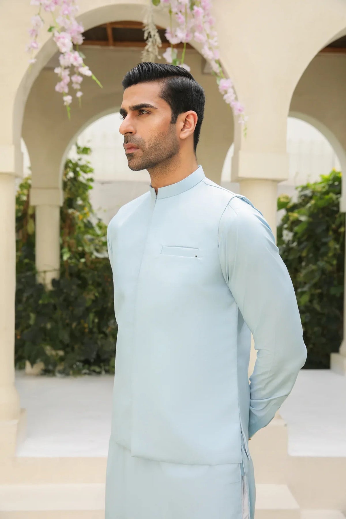 Sky Blue Kurta Trouser with Blended Waistcoat - Men