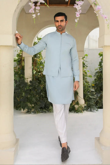 Sky Blue Kurta Trouser with Blended Waistcoat - Men