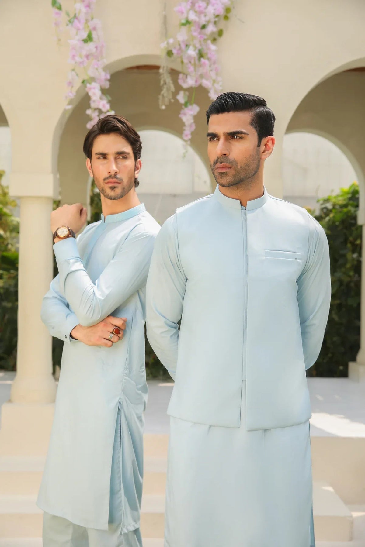 Sky Blue Kurta Trouser with Blended Waistcoat - Men