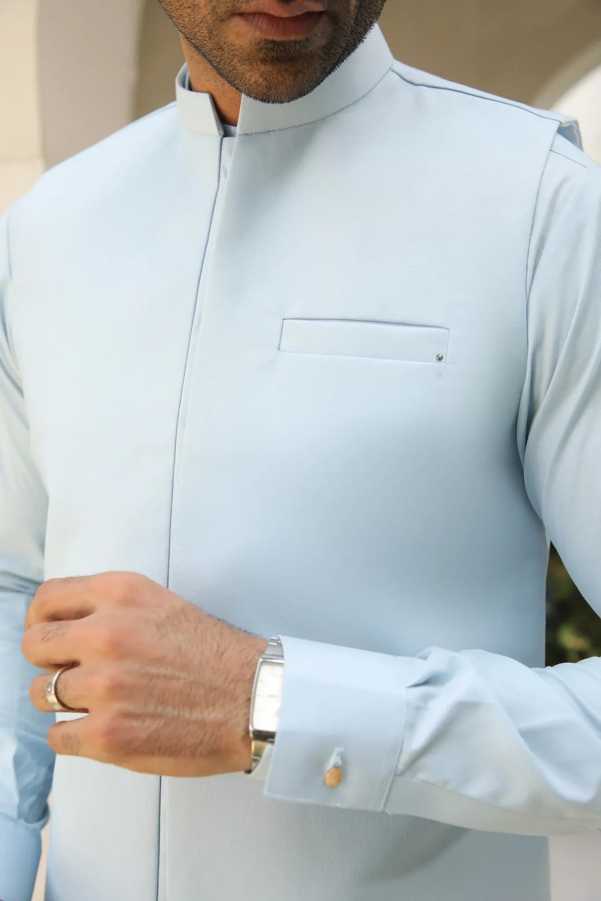 Sky Blue Kurta Trouser with Blended Waistcoat - Men