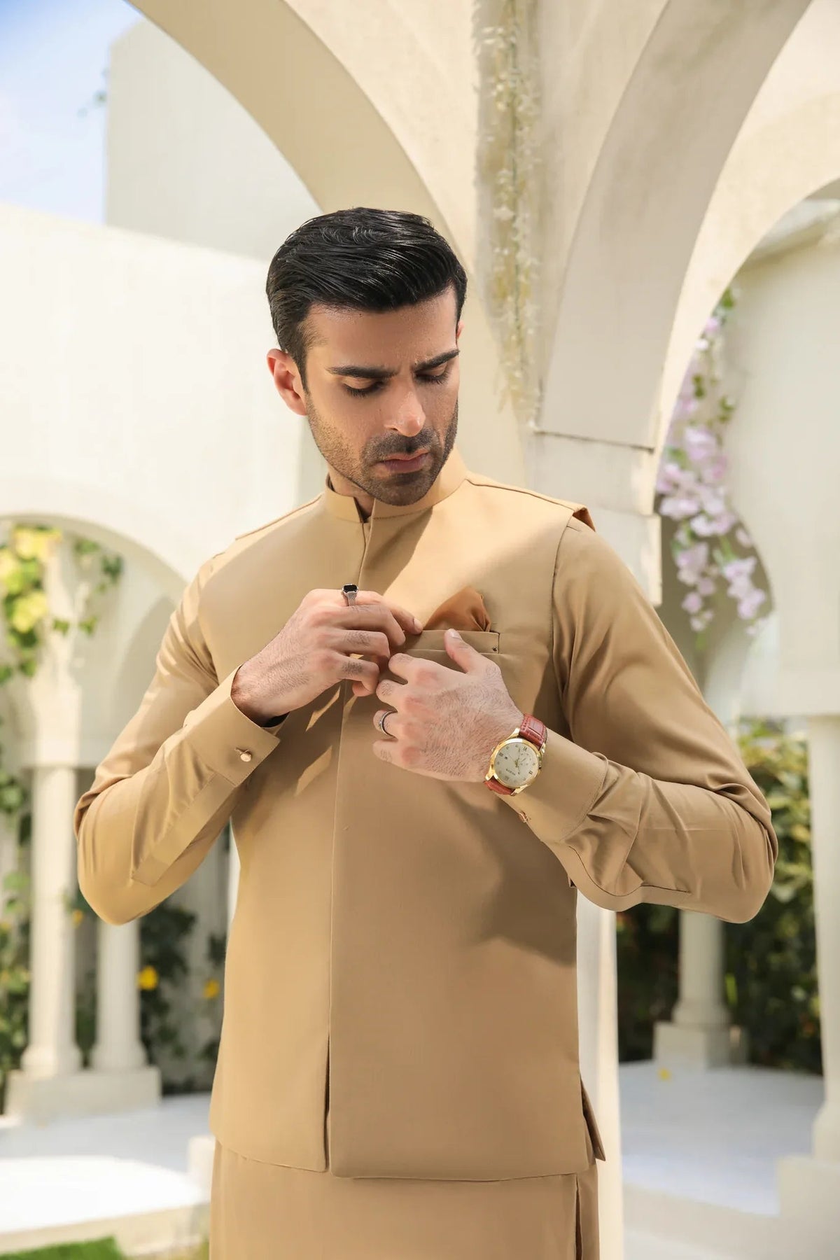 Camel Kameez Shalwar with Blended Waistcoat - Men