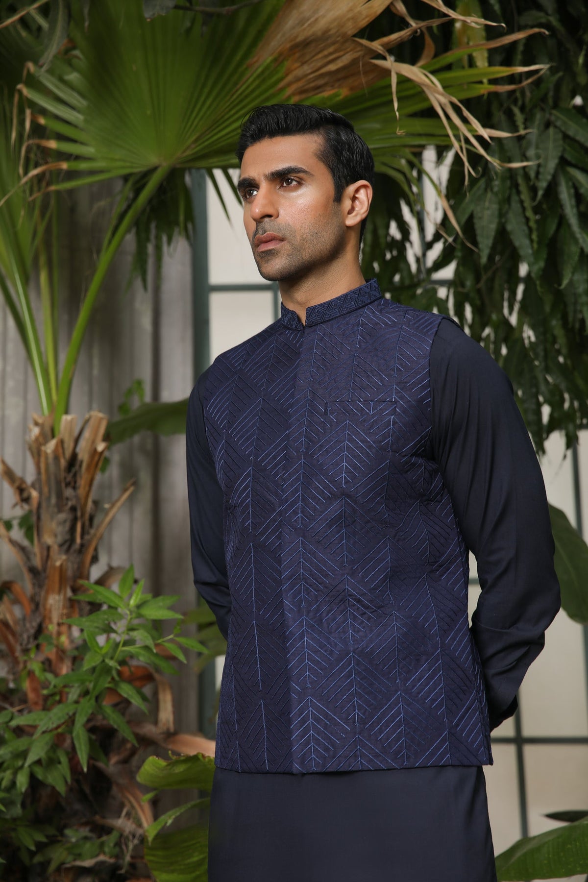 Navy Blue Kurta Trouser with Embroidered Waistcoat - Men