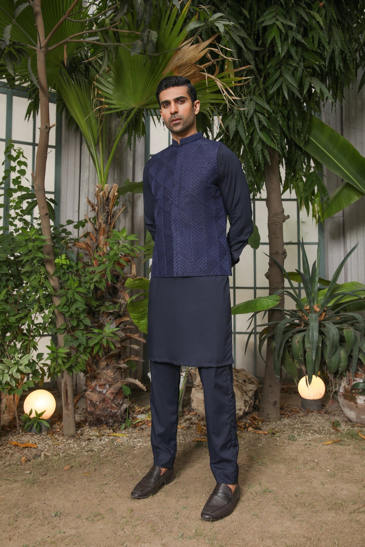 Navy Blue Kurta Trouser with Embroidered Waistcoat - Men