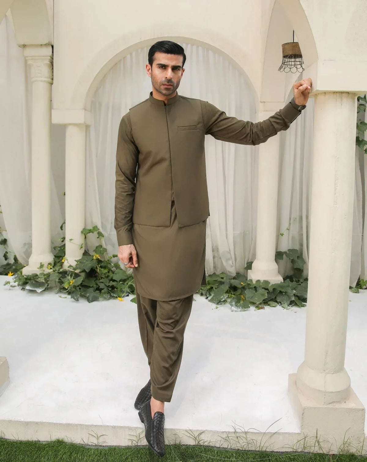 Olive Green Kameez Shalwar with Blended Waistcoat - Men