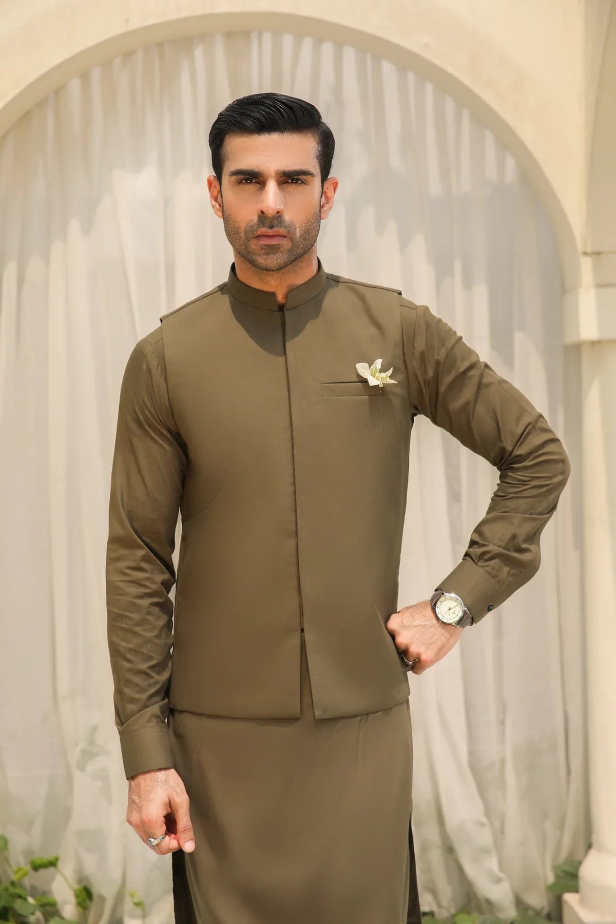 Olive Green Kameez Shalwar with Blended Waistcoat - Men