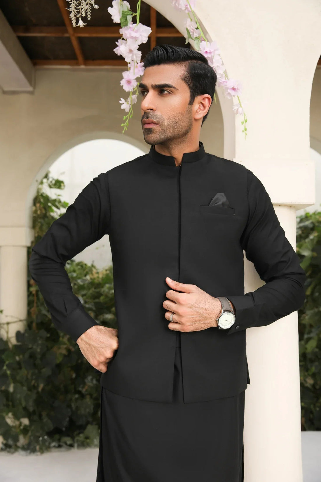 Midnight Black Kameez Shalwar with Blended Waistcoat - Men