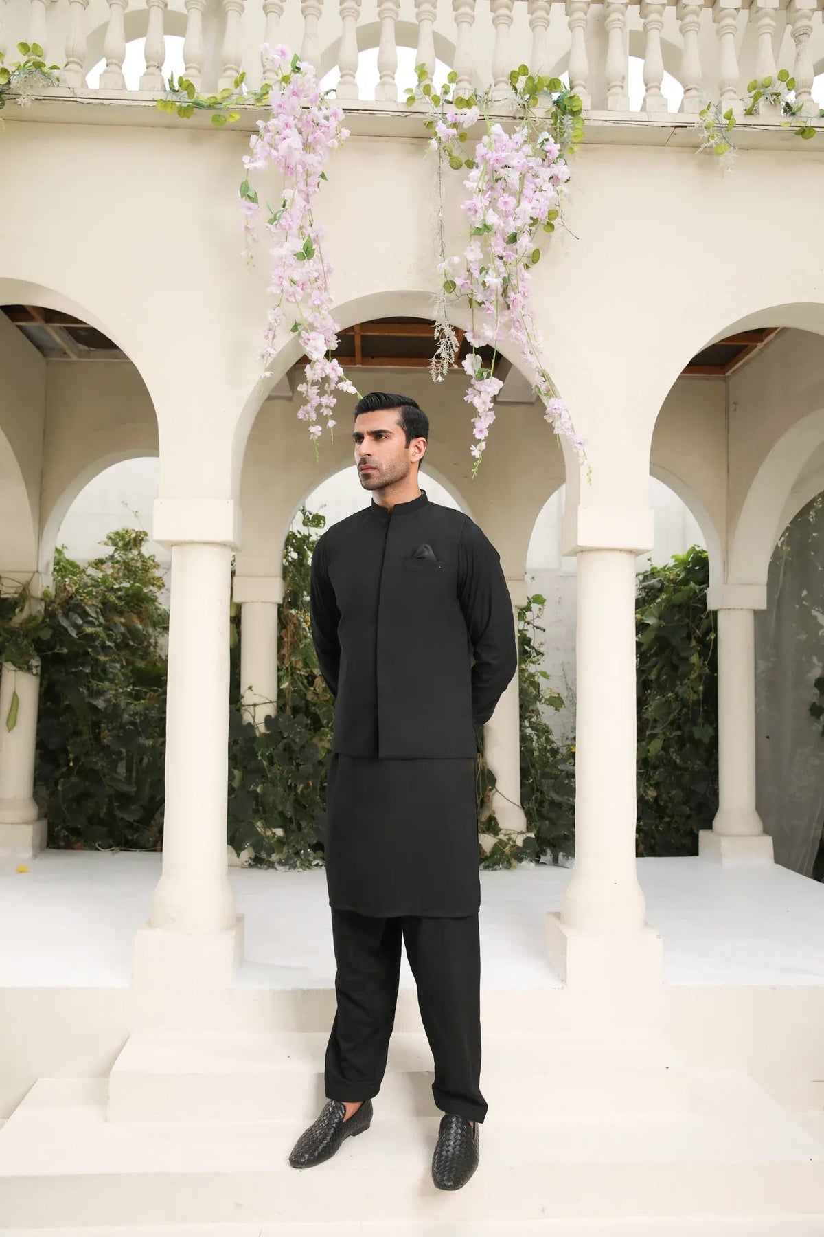 Midnight Black Kameez Shalwar with Blended Waistcoat - Men