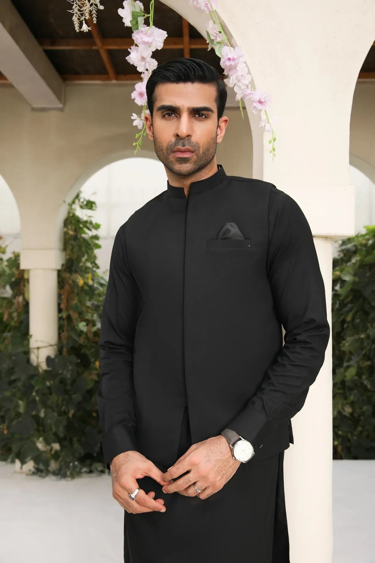 Midnight Black Kameez Shalwar with Blended Waistcoat - Men