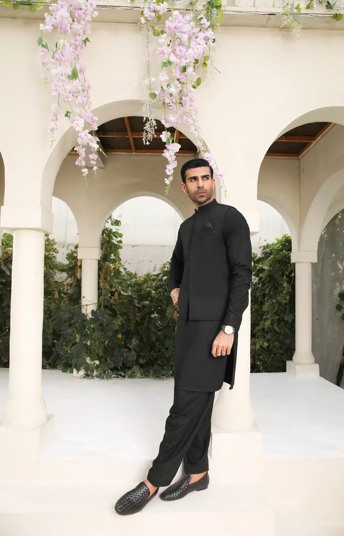 Midnight Black Kameez Shalwar with Blended Waistcoat - Men