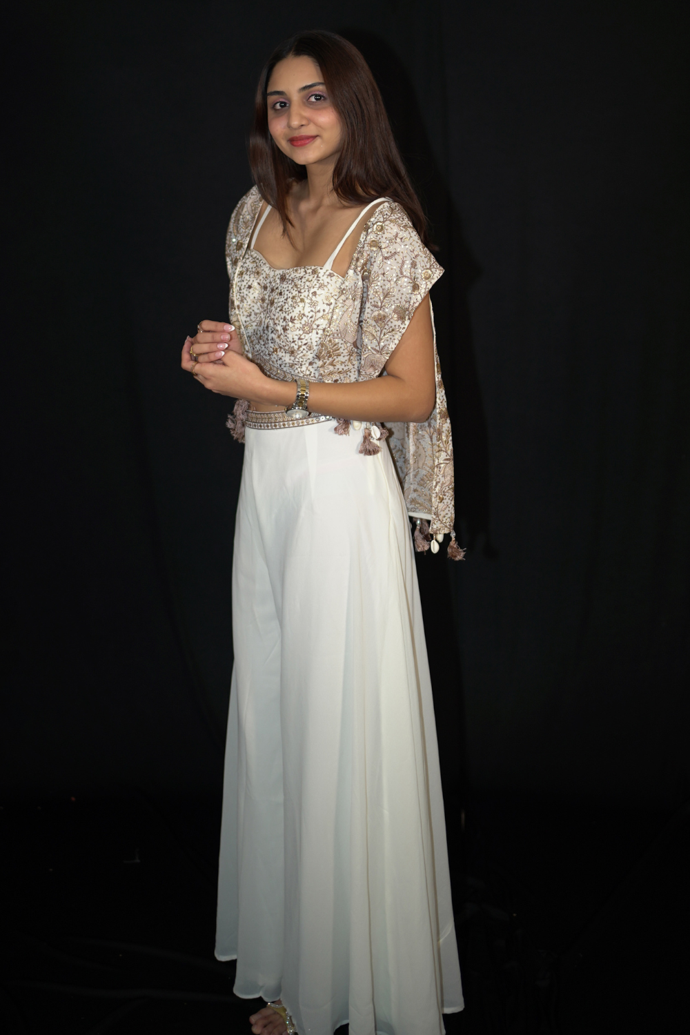 Ivory Embellished Crop top palazzo set with Georgette Secondary image