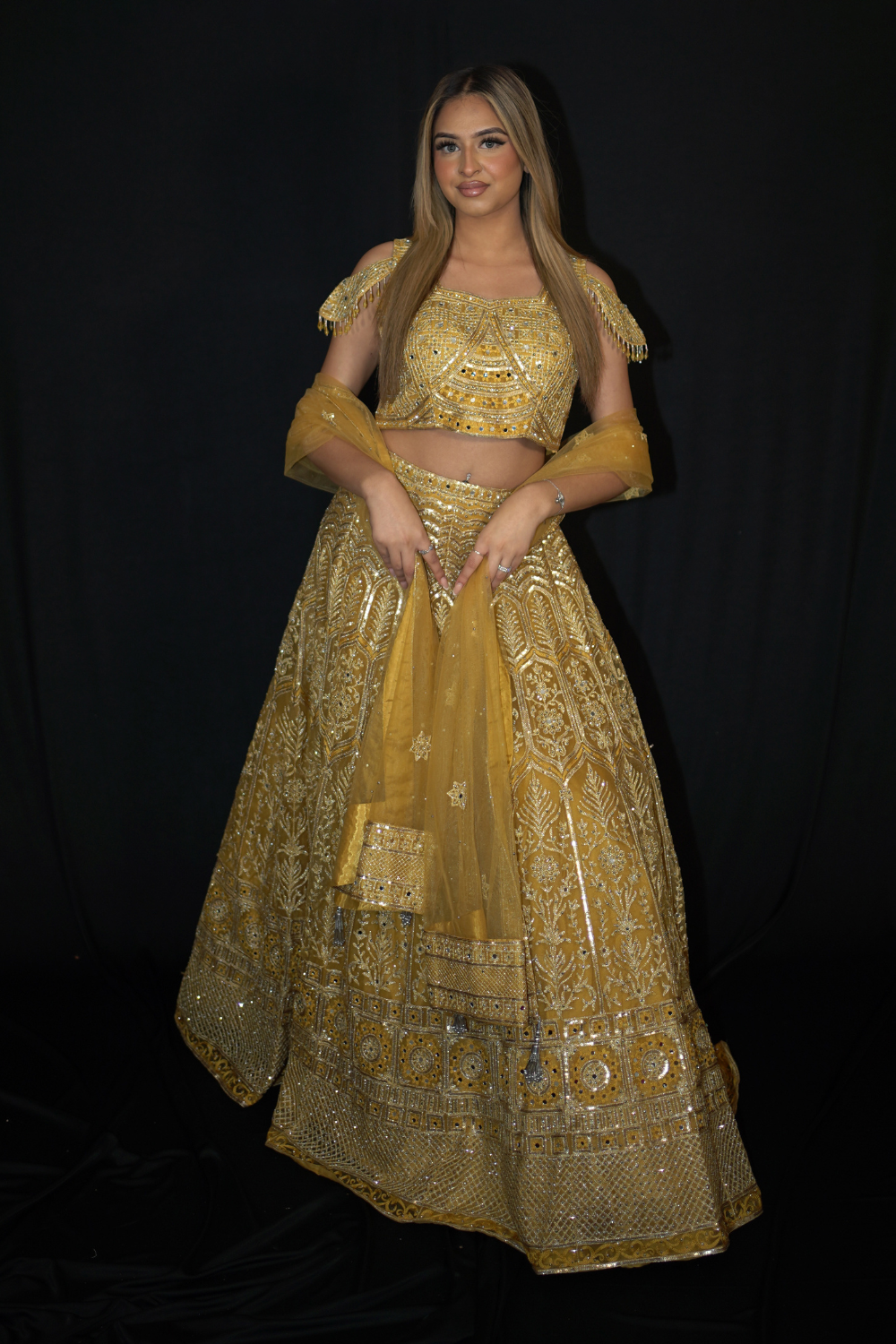 Yellow Net Lehenga Set with Silver Thread Work Main image