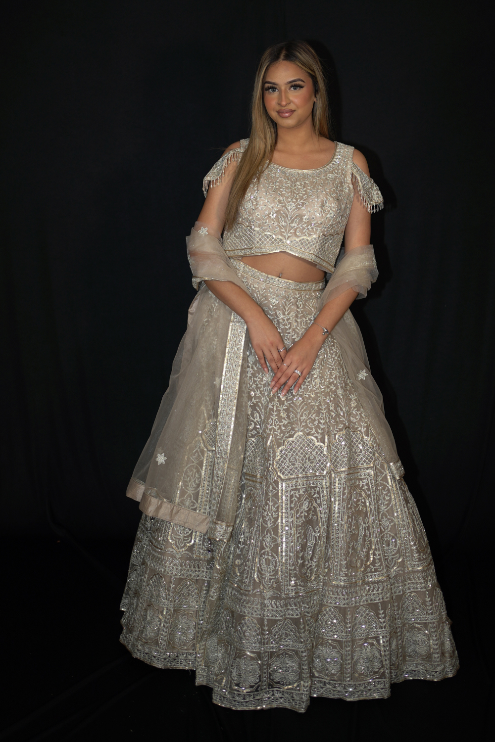 Beige Net Lehenga Set with Silver Thread Work