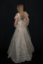 Beige Net Lehenga Set with Silver Thread Work