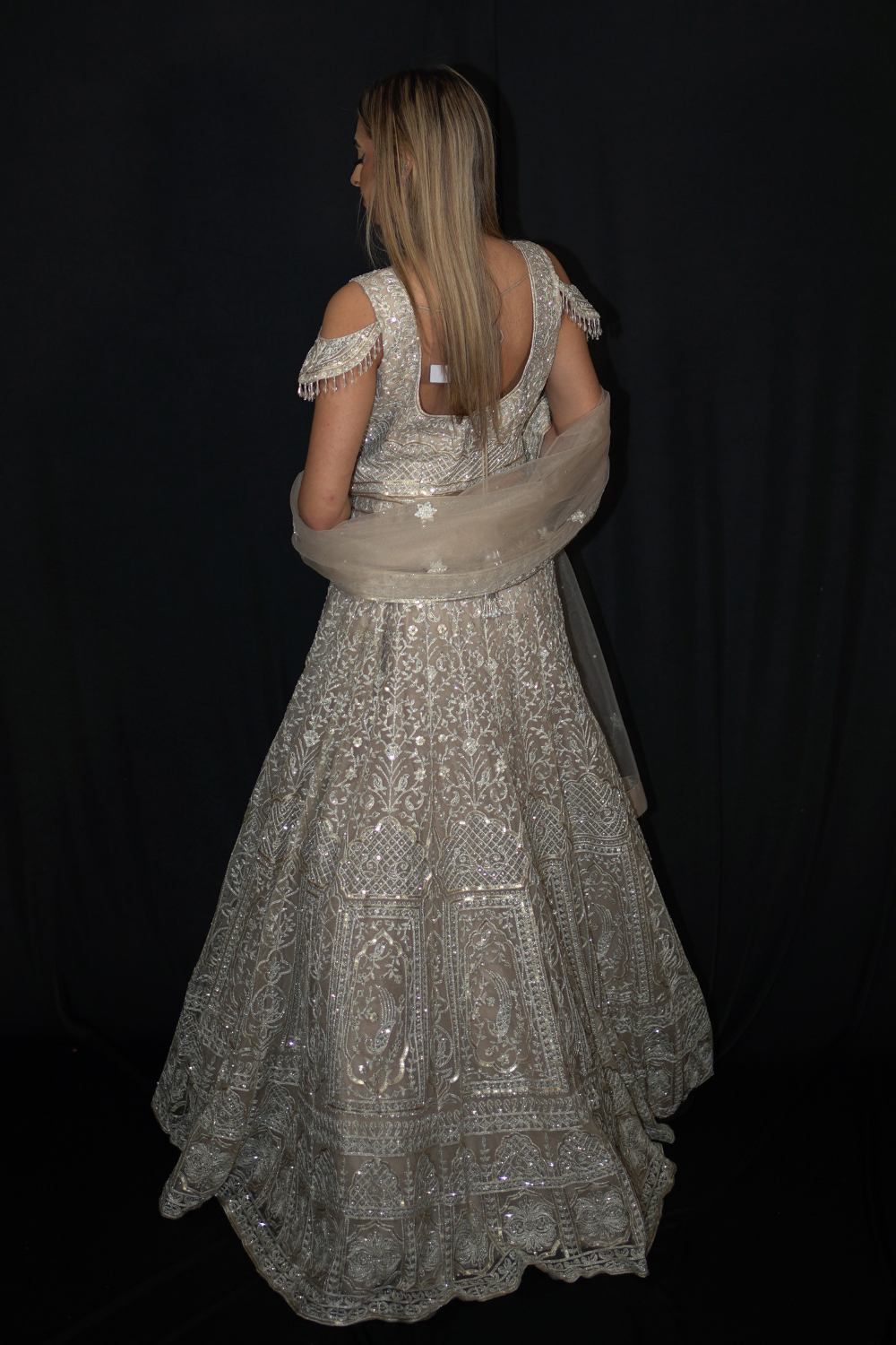 Beige Net Lehenga Set with Silver Thread Work