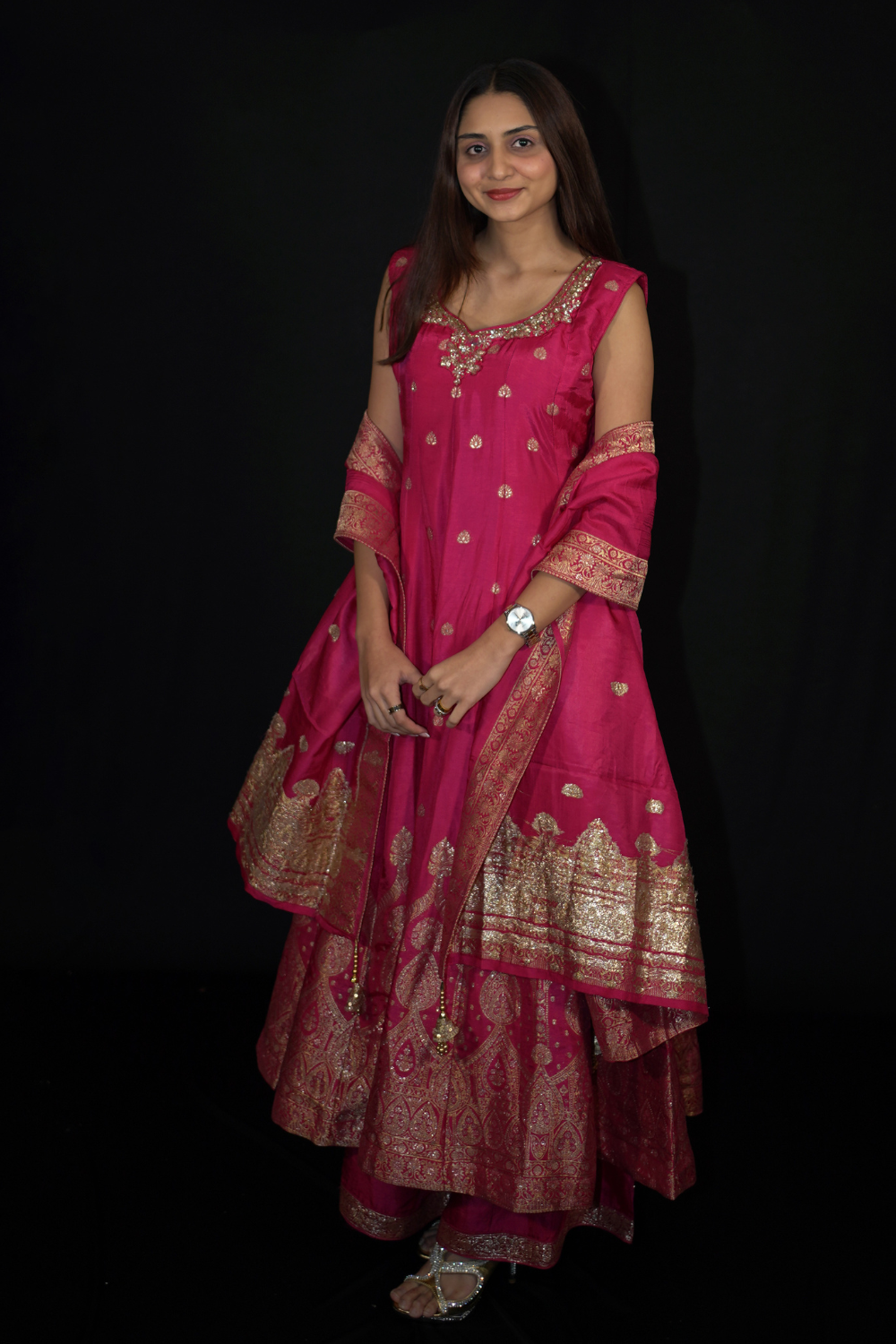 Hot Pink Banarasi Silk Anarkali Suit Main image