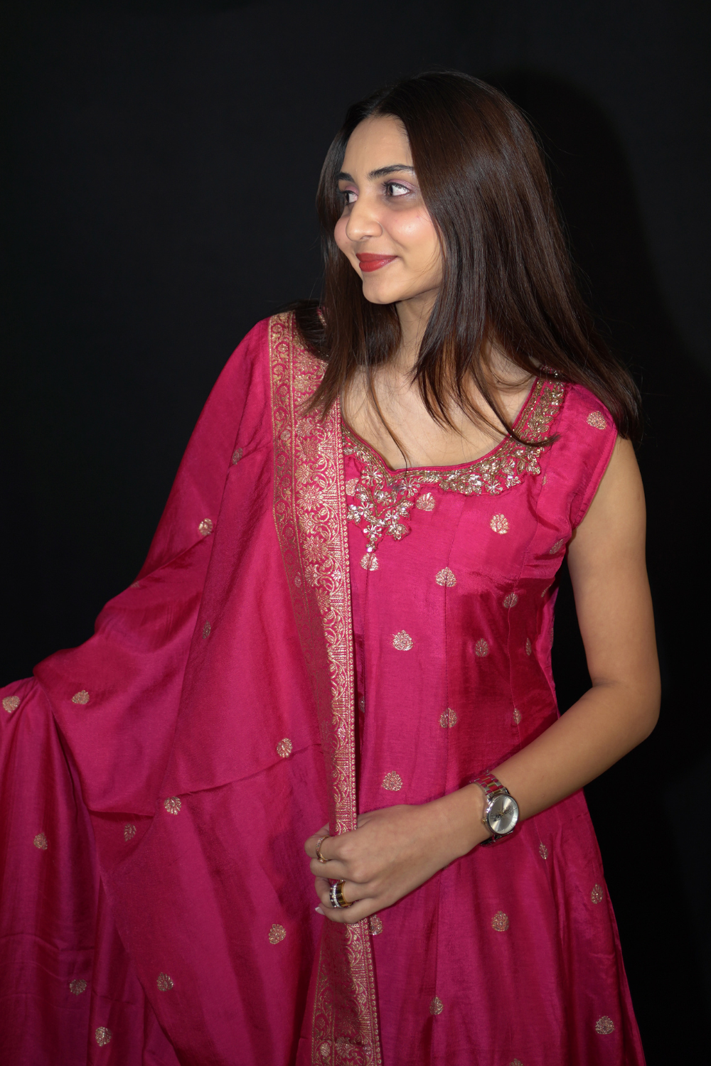 Hot Pink Banarasi Silk Anarkali Suit