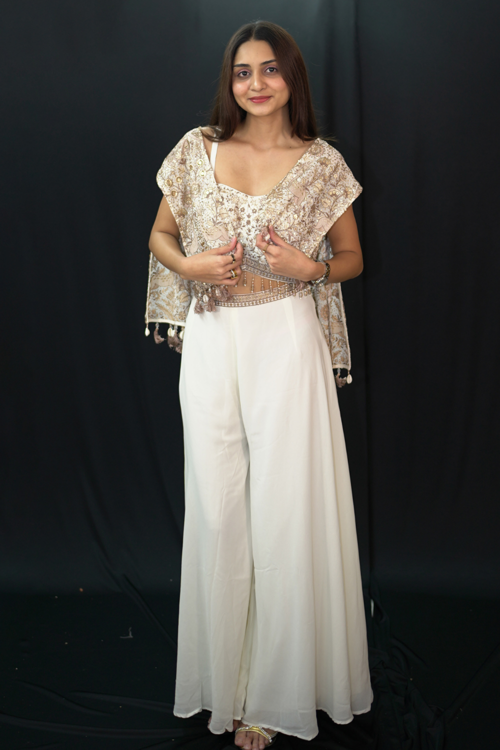 Ivory Embellished Crop top palazzo set with Georgette
