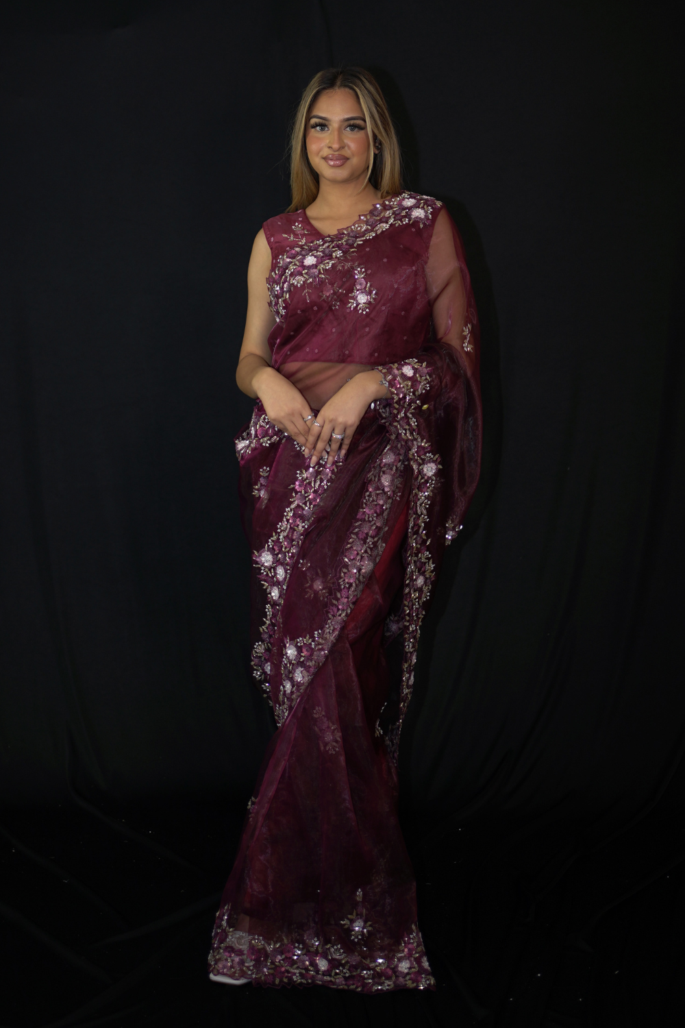 Enriched Plum Saree with Readymade Blouse