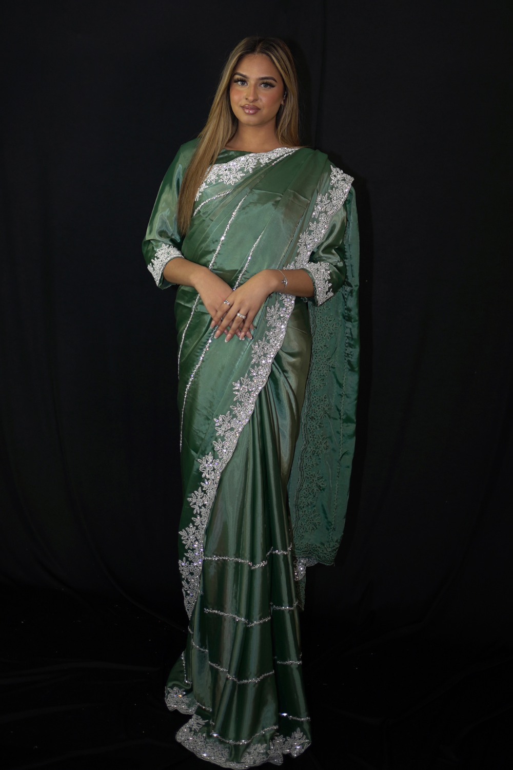 Green Organza Saree with White Pearl Work