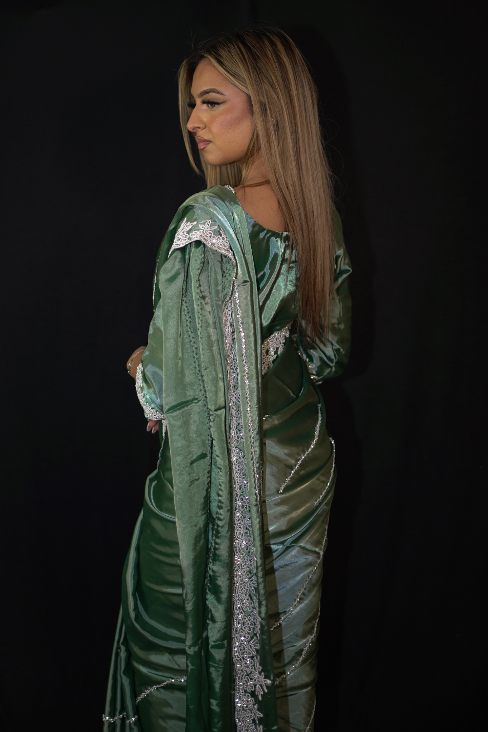 Green Organza Saree with White Pearl Work